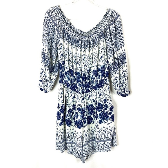 Anthropologie | Clemente White Blue Floral Off The Shoulder Romper S - Picture 1 of 8